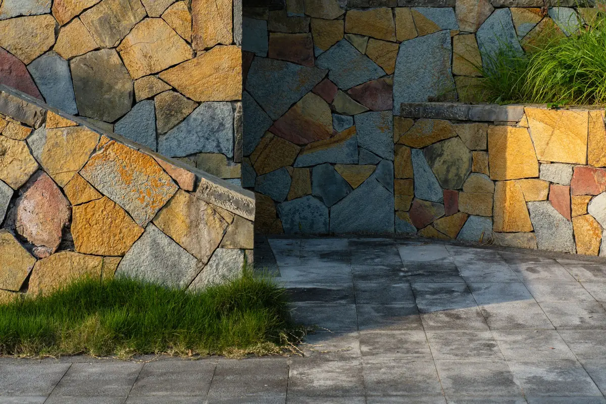 Flagstone walls above a stone patio